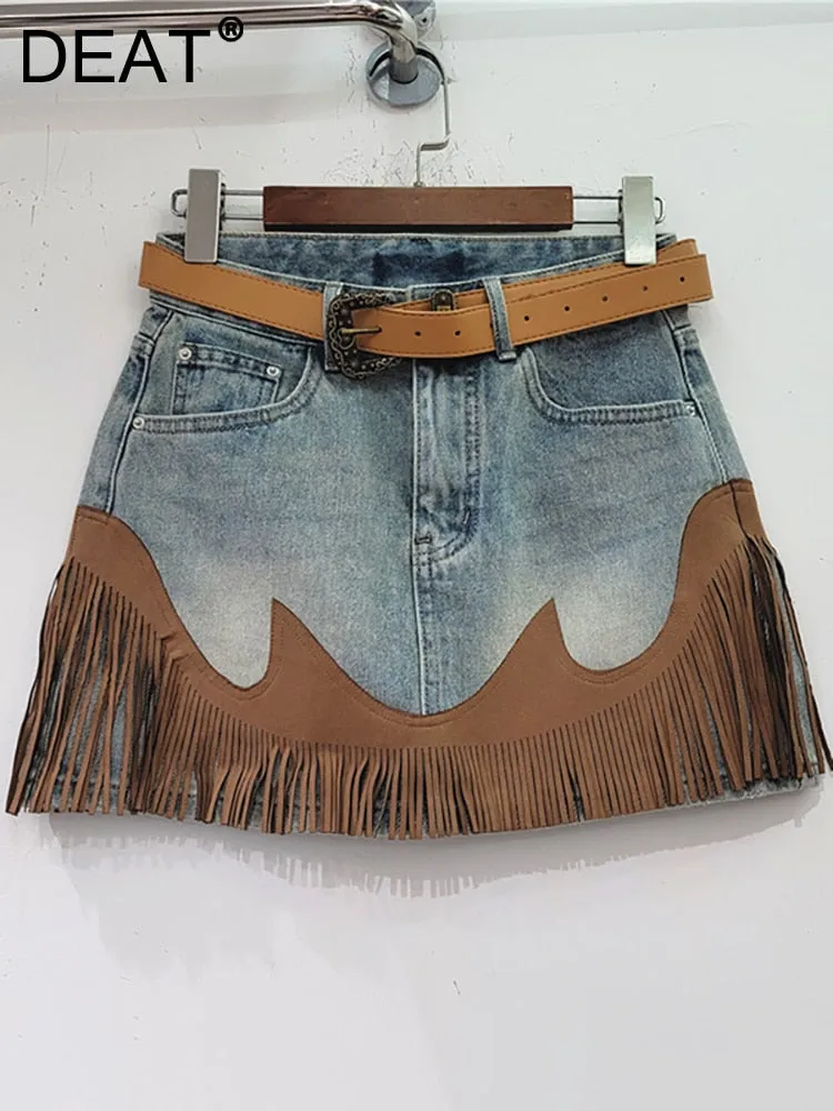 Women's Denim Skirt High Waist Spliced Contrast Color Tassel A-line Mini Skirt 2023