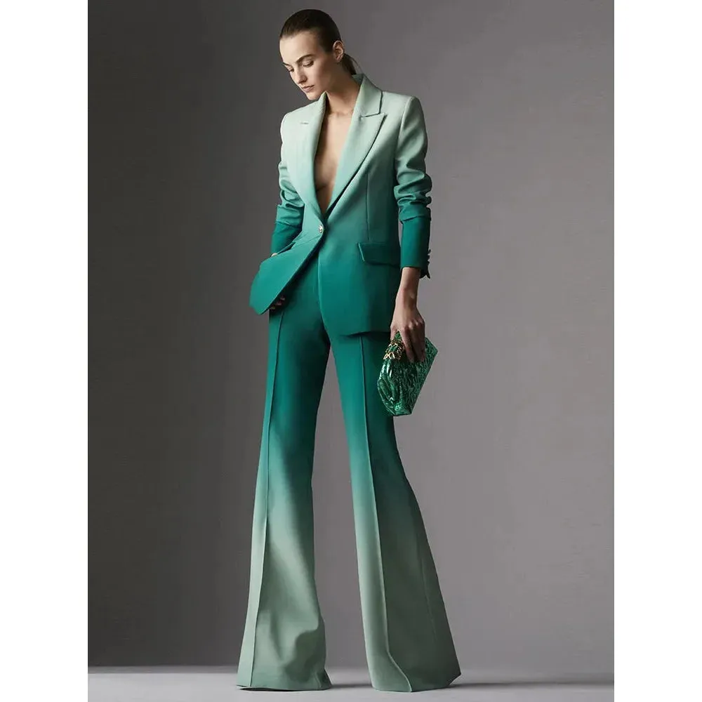 Women's Fashion Designer Gradient Color Single Button Blazer Flare Pants Set