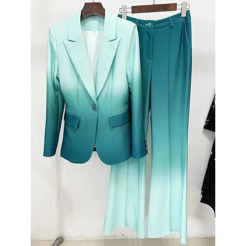 Women's Fashion Designer Gradient Color Single Button Blazer Flare Pants Set