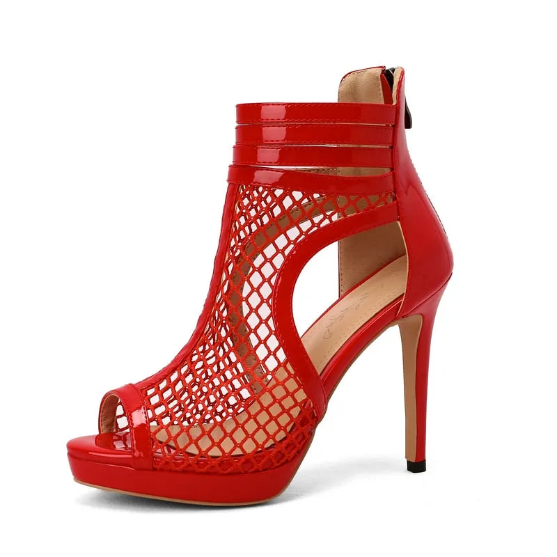 Women's Sexy Zipper Hollow Mesh High Thin Heel Party Ballroom Shoes