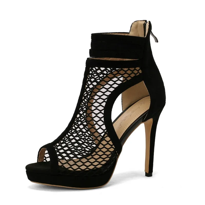 Women's Sexy Zipper Hollow Mesh High Thin Heel Party Ballroom Shoes