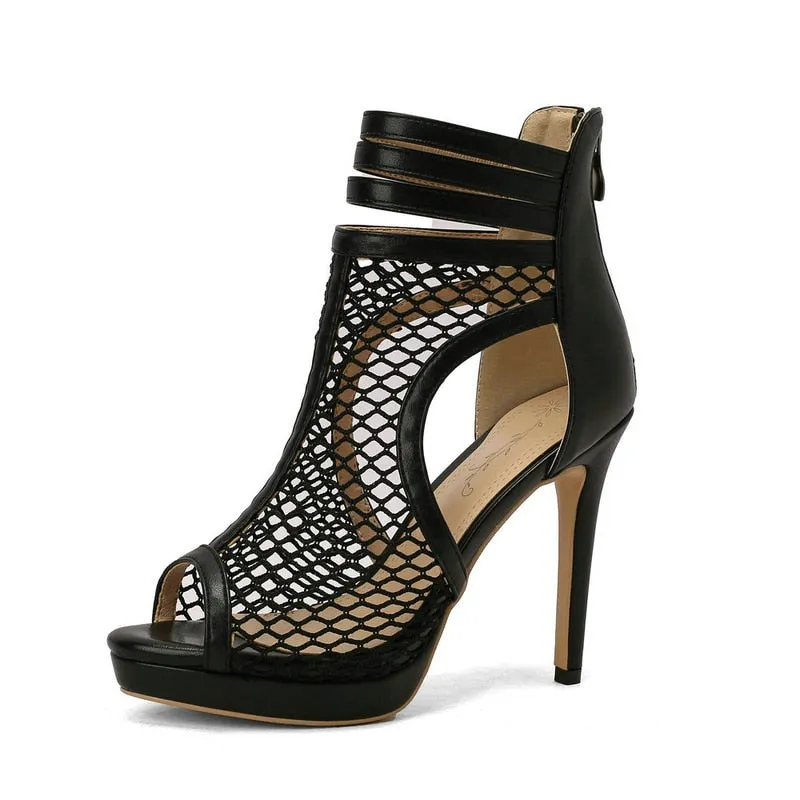 Women's Sexy Zipper Hollow Mesh High Thin Heel Party Ballroom Shoes