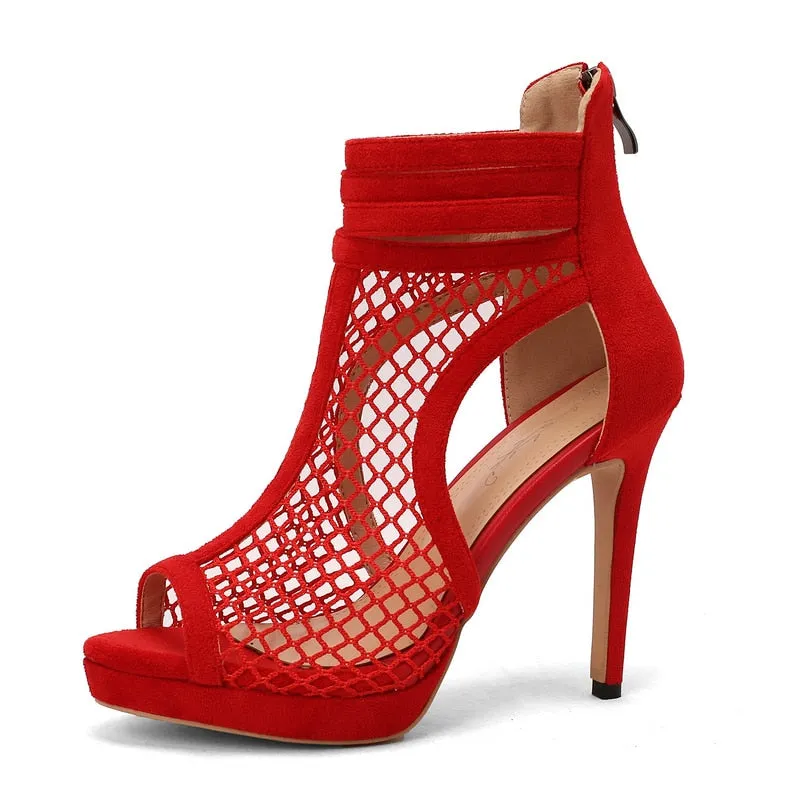 Women's Sexy Zipper Hollow Mesh High Thin Heel Party Ballroom Shoes