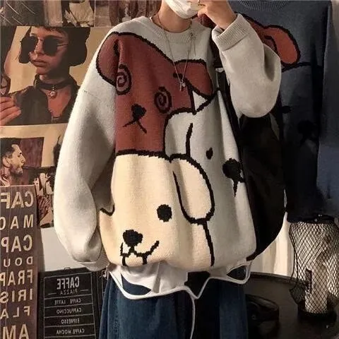 Xituodai  Harajuku Cartoon Bear Vintage Sweater Men Winter Warm Thick Knitted Pullovers Couples Sweater Hip Hop Clothing Men