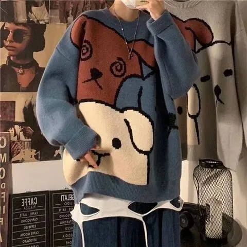 Xituodai  Harajuku Cartoon Bear Vintage Sweater Men Winter Warm Thick Knitted Pullovers Couples Sweater Hip Hop Clothing Men