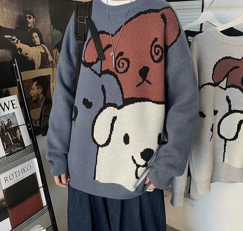 Xituodai  Harajuku Cartoon Bear Vintage Sweater Men Winter Warm Thick Knitted Pullovers Couples Sweater Hip Hop Clothing Men