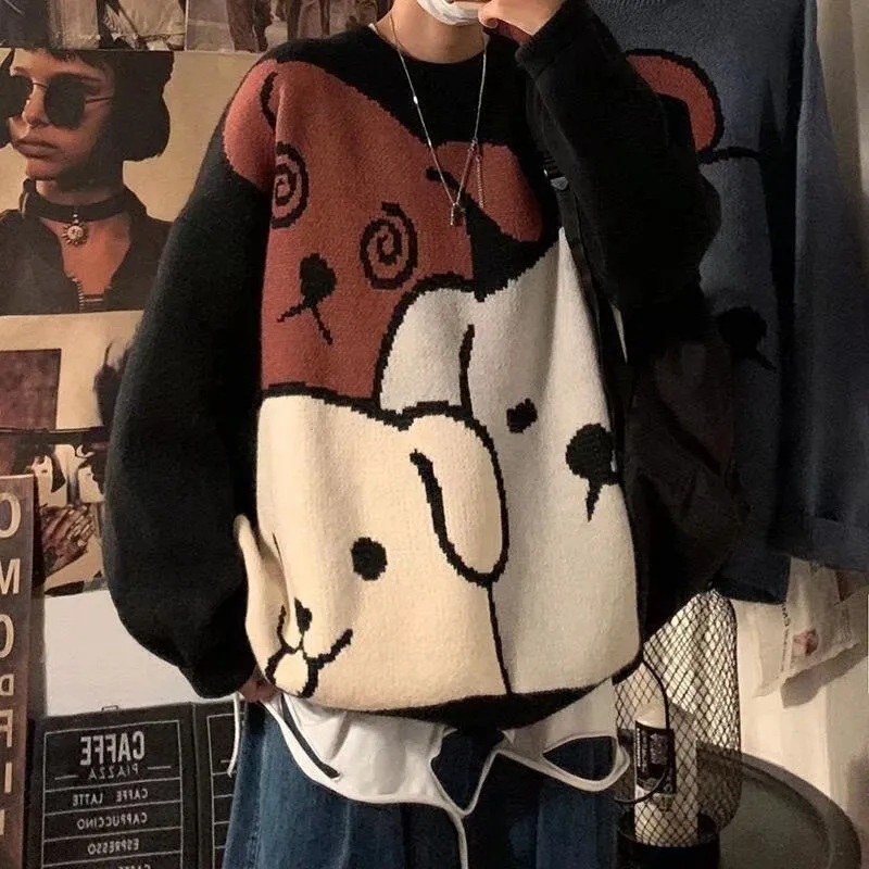 Xituodai  Harajuku Cartoon Bear Vintage Sweater Men Winter Warm Thick Knitted Pullovers Couples Sweater Hip Hop Clothing Men