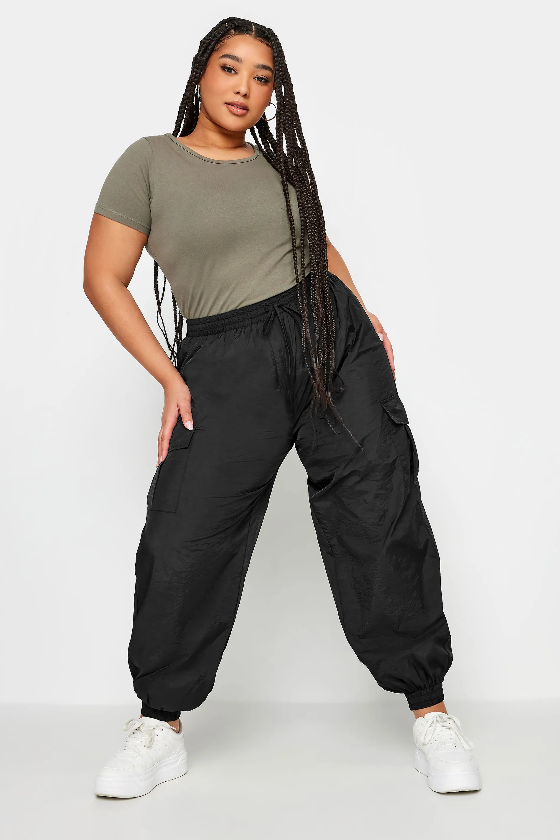 YOURS Curve Black Cargo Pocket Parachute Trousers