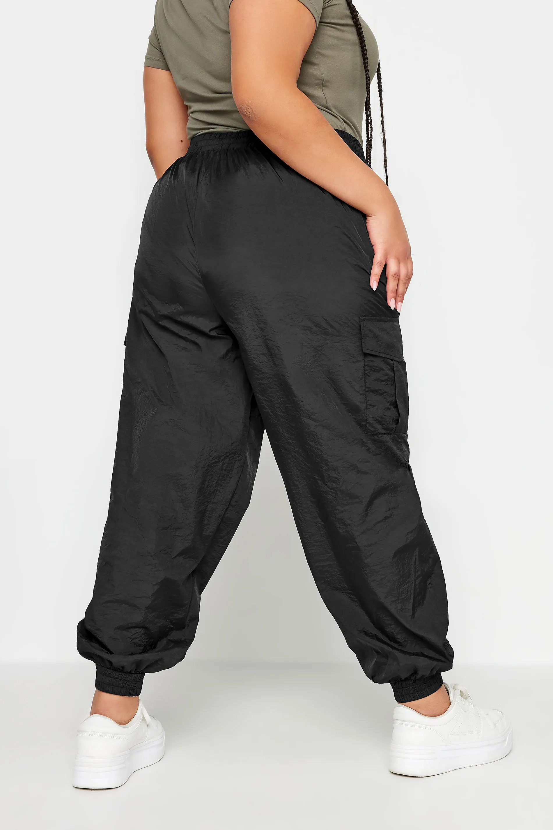 YOURS Curve Black Cargo Pocket Parachute Trousers