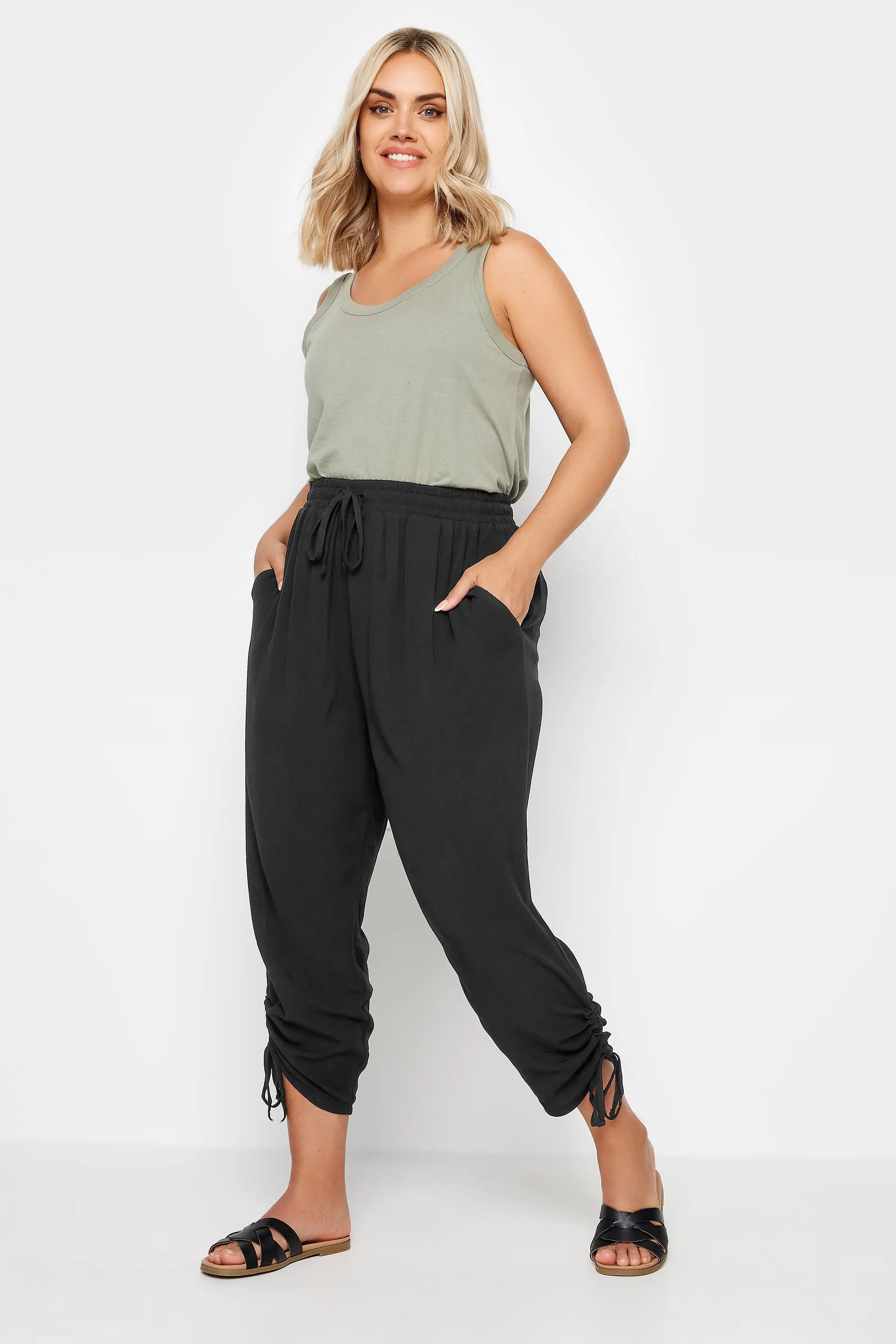 YOURS Curve Black Crinkle Ruched Cropped Trousers