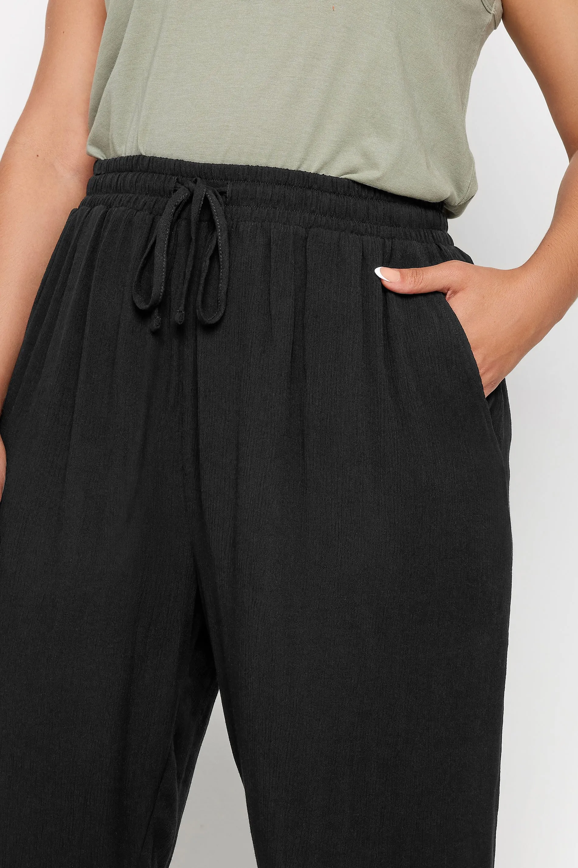 YOURS Curve Black Crinkle Ruched Cropped Trousers