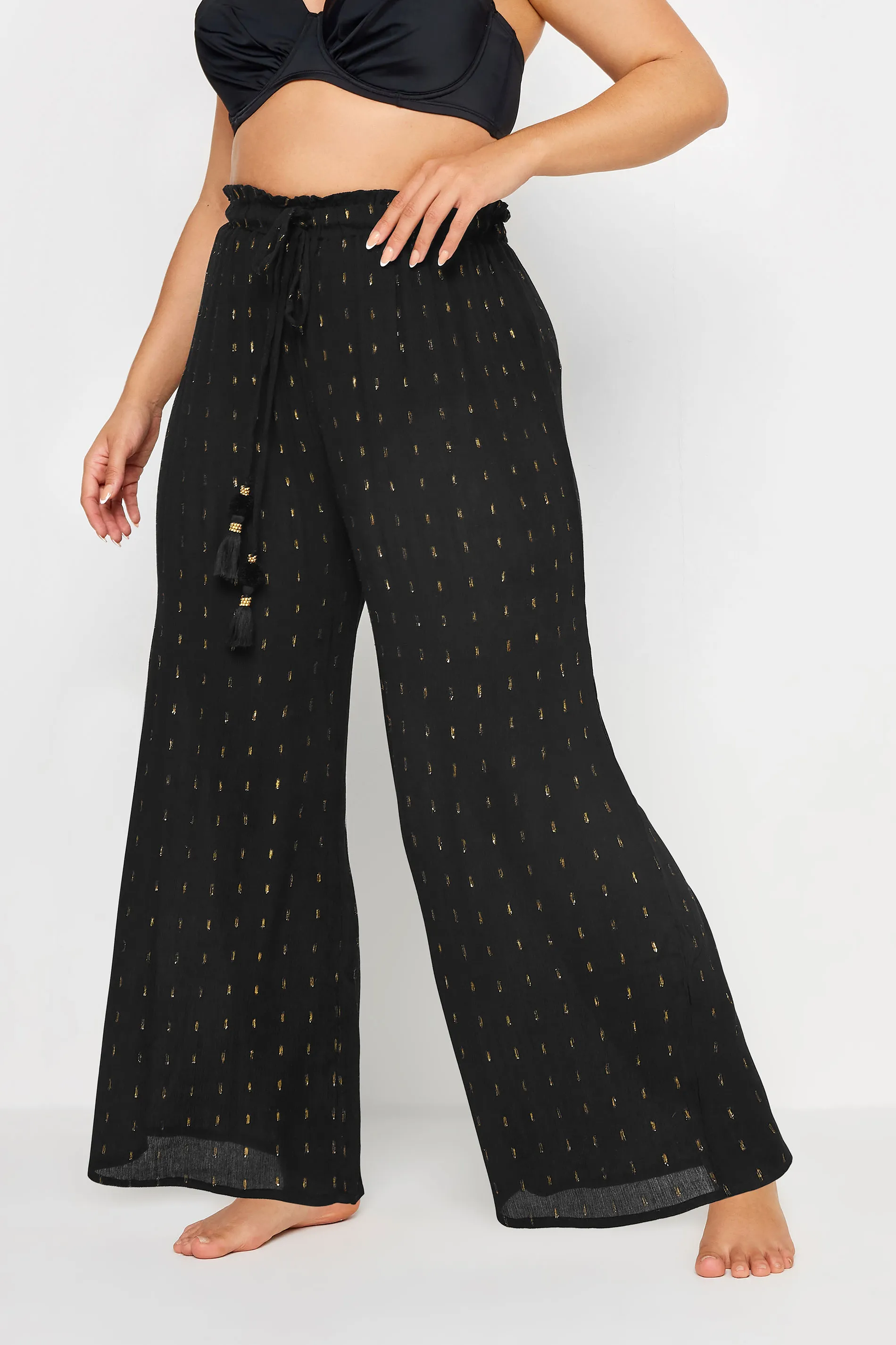 YOURS Curve Black Metallic Tassel Beach Trousers