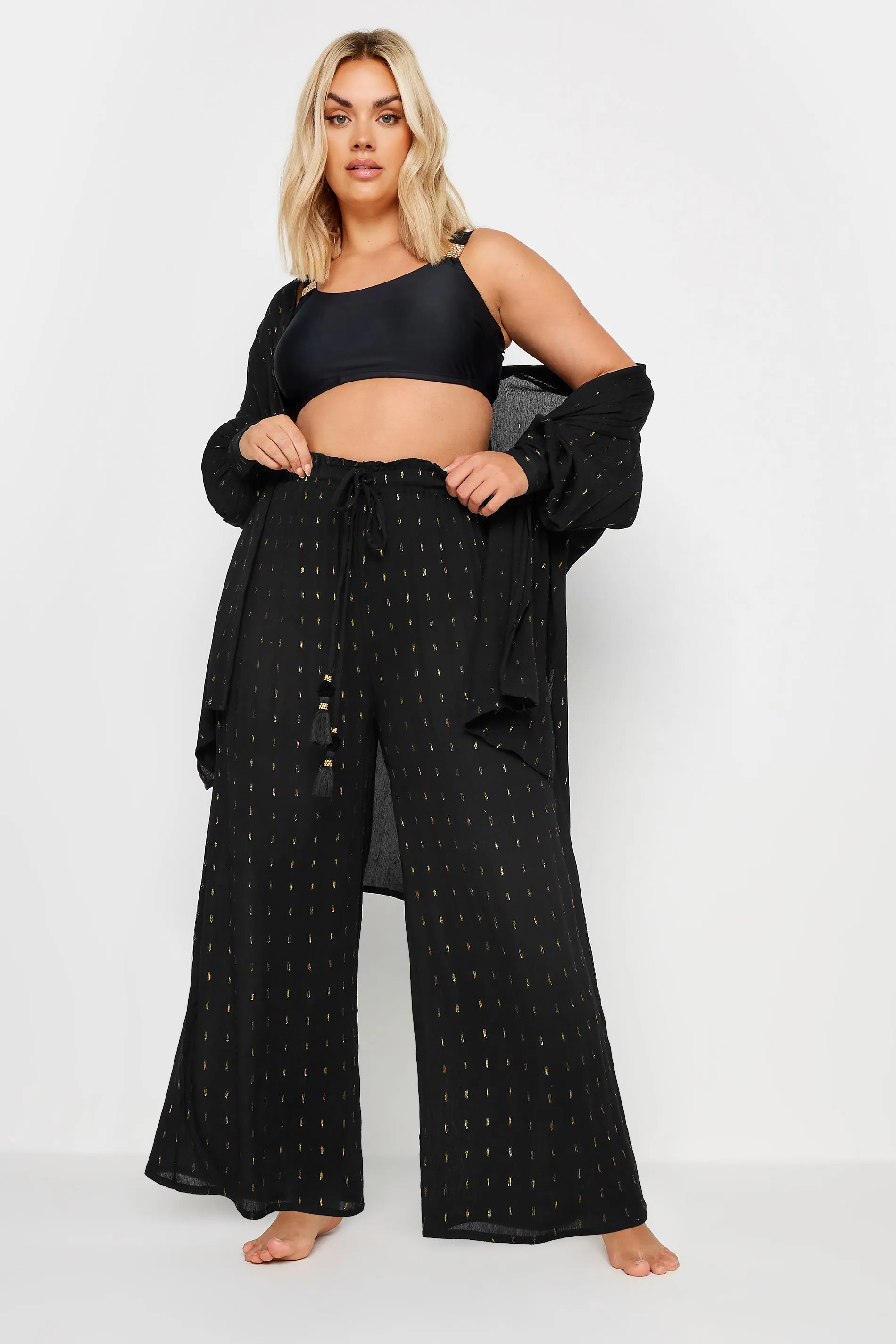 YOURS Curve Black Metallic Tassel Beach Trousers