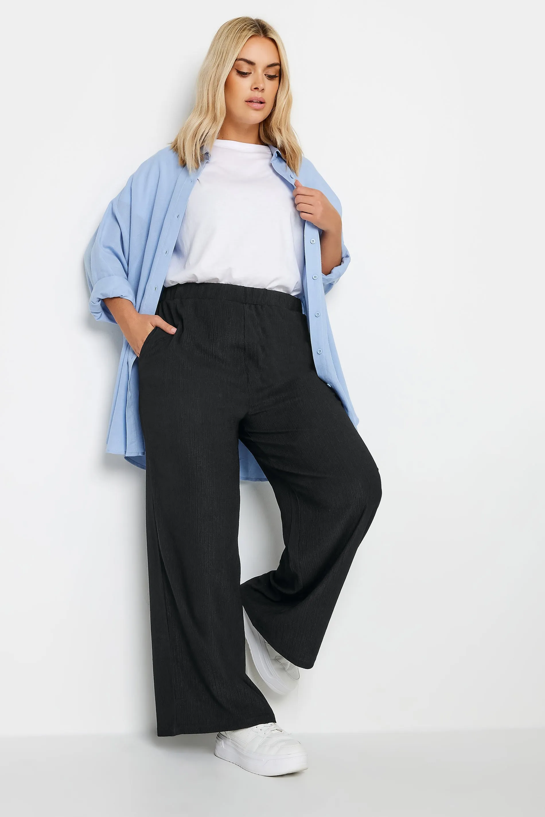 YOURS Curve Black Textured Wide Leg Trousers