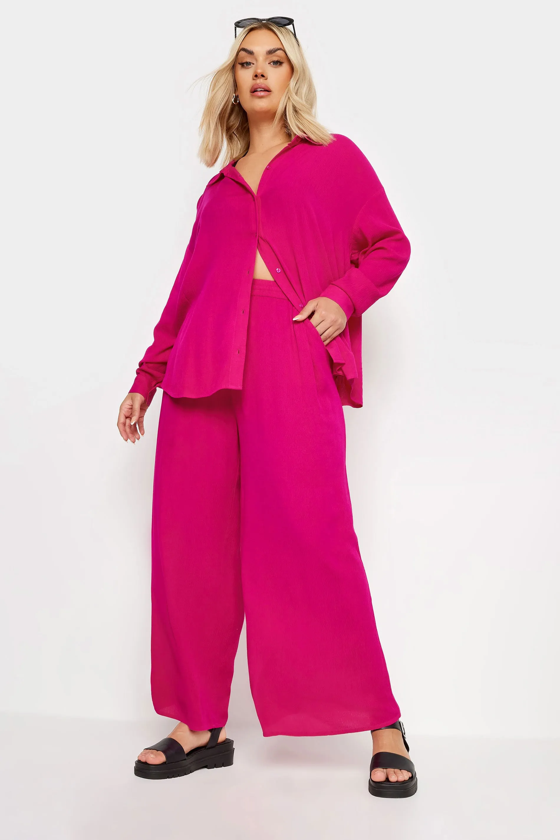 YOURS Curve Bright Pink Crinkle Drawstring Trousers