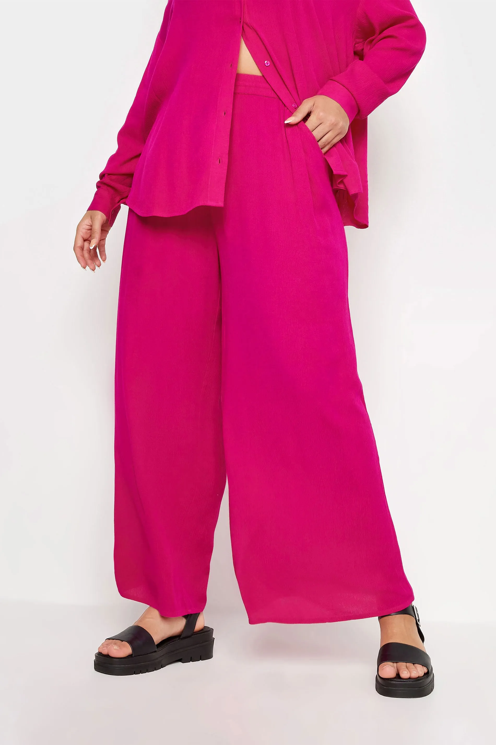 YOURS Curve Bright Pink Crinkle Drawstring Trousers