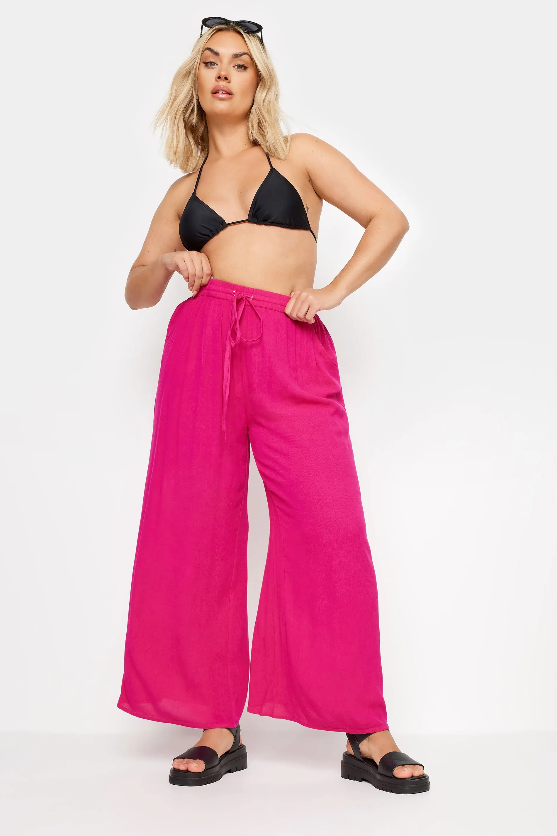 YOURS Curve Bright Pink Crinkle Drawstring Trousers