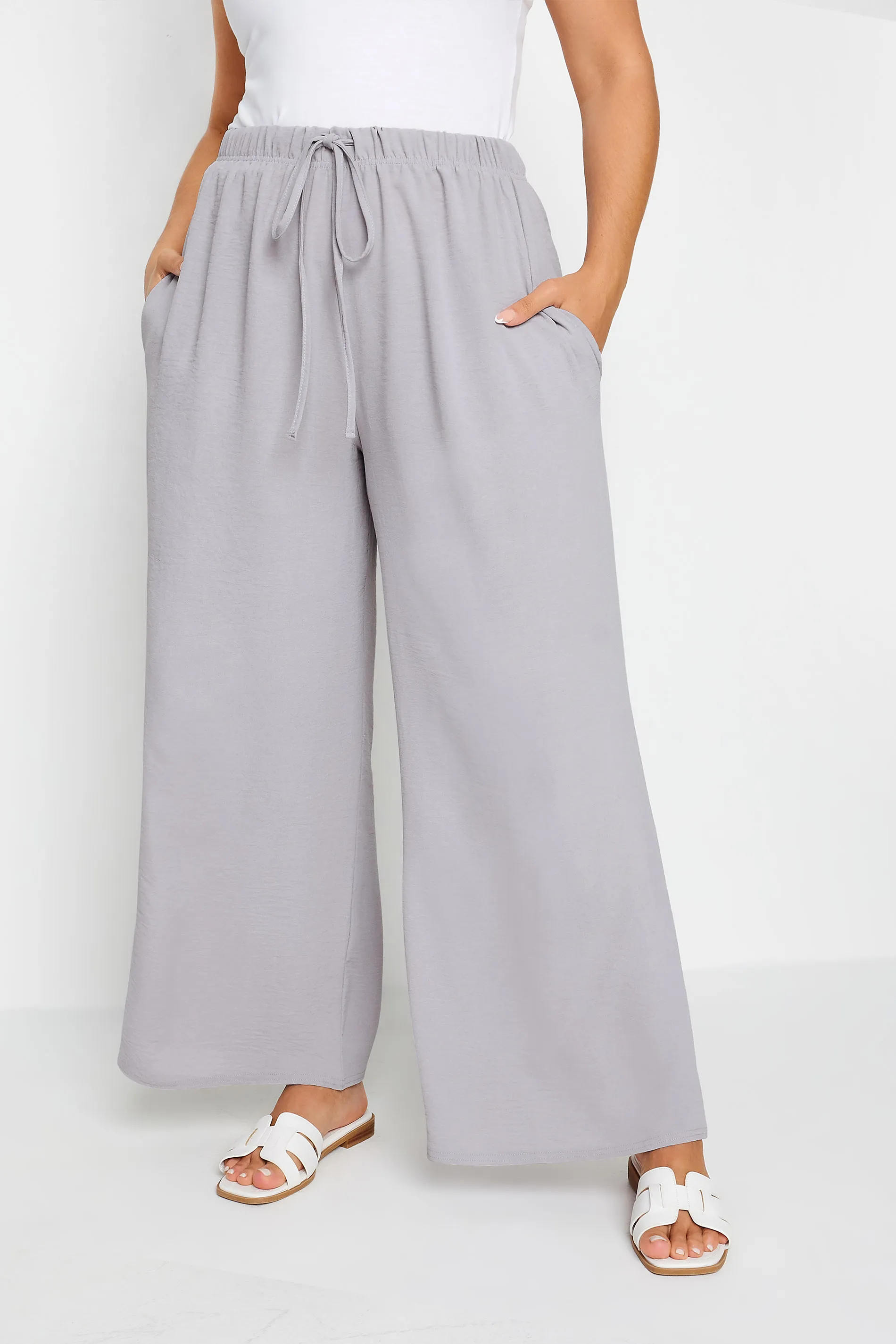 YOURS Curve Grey Twill Wide Leg Trousers