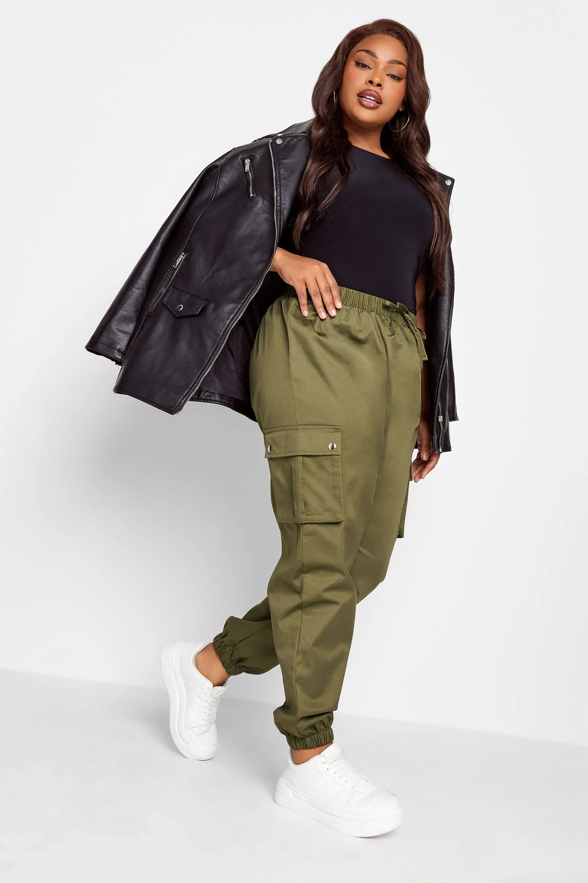 YOURS Curve Khaki Green Cuffed Cargo Trousers