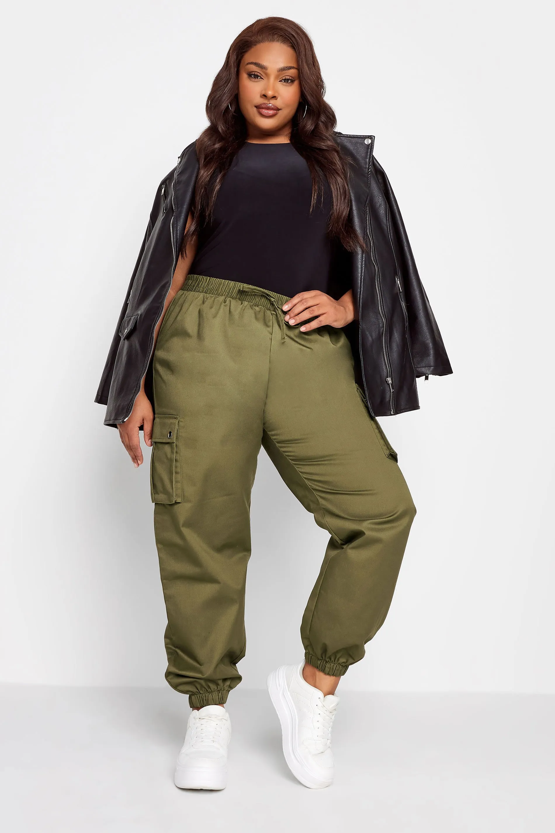 YOURS Curve Khaki Green Cuffed Cargo Trousers